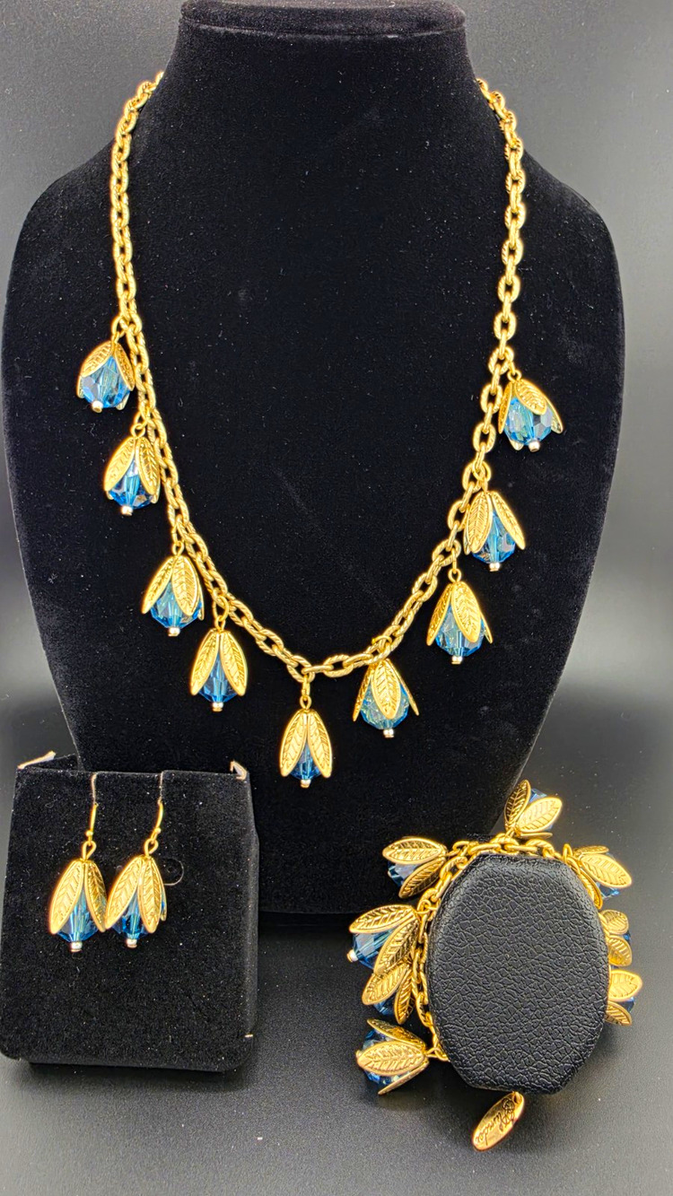 Plunder Signed Gold Tone Blue Crystal Leaf Necklace Bracelet Earrings - 3 pcs